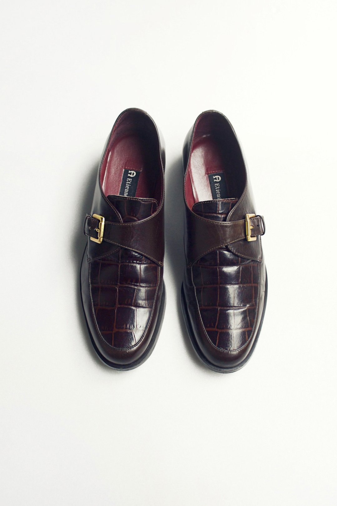 90s 酒红压纹孟克皮鞋｜Etienne Aigner Buckle Shoes US 7M EUR 3738 - 女款休闲鞋 - 真皮 红色