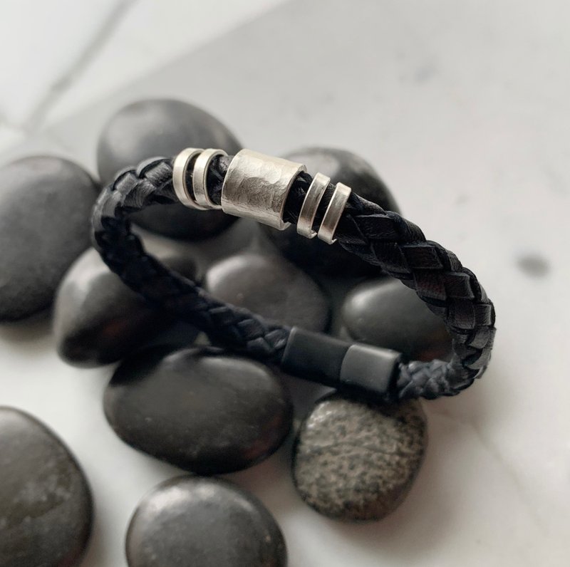 羊皮六股圆编/纯银段敲手环 - 手链/手环 - 纯银 黑色