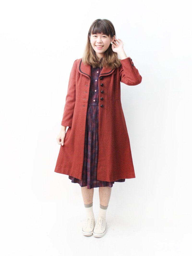 【RE1213C451】冬复古法式优雅焦糖橘修身古着大衣外套 - 女装休闲/机能外套 - 羊毛 橘色