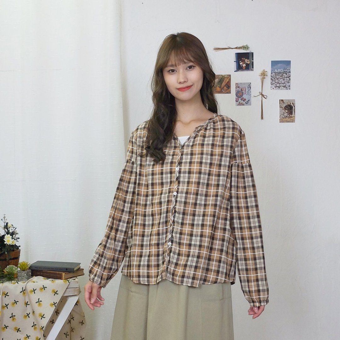 Hana Mokuba V领宽松格纹棉质衬衫 - 女装衬衫 - 其他材质 