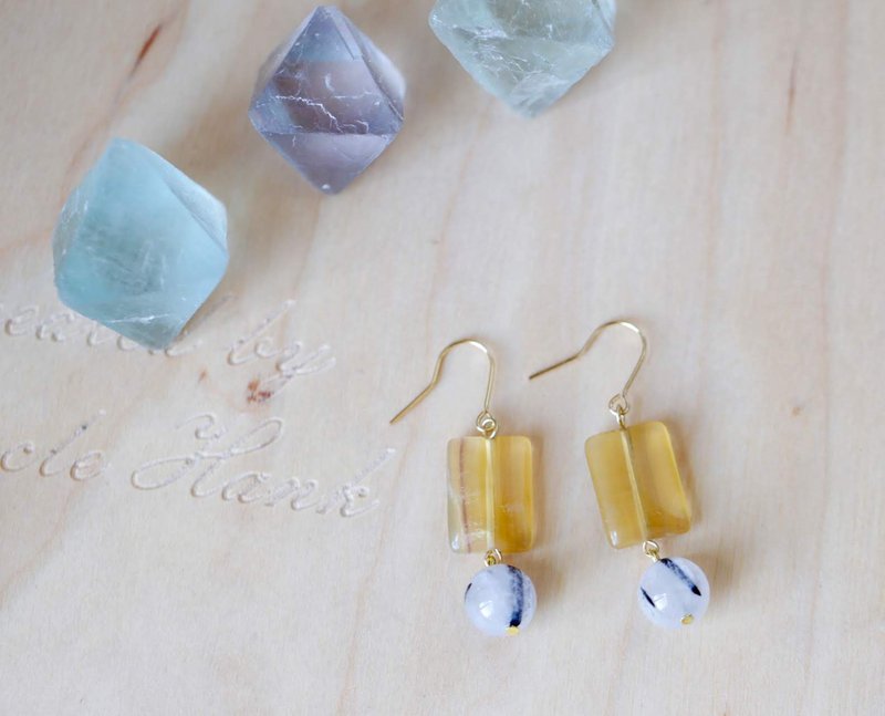 ||黄石||天然石黄铜垂坠耳环。金黄萤石/发晶 快速出货 - 耳环/耳夹 - 水晶 黄色