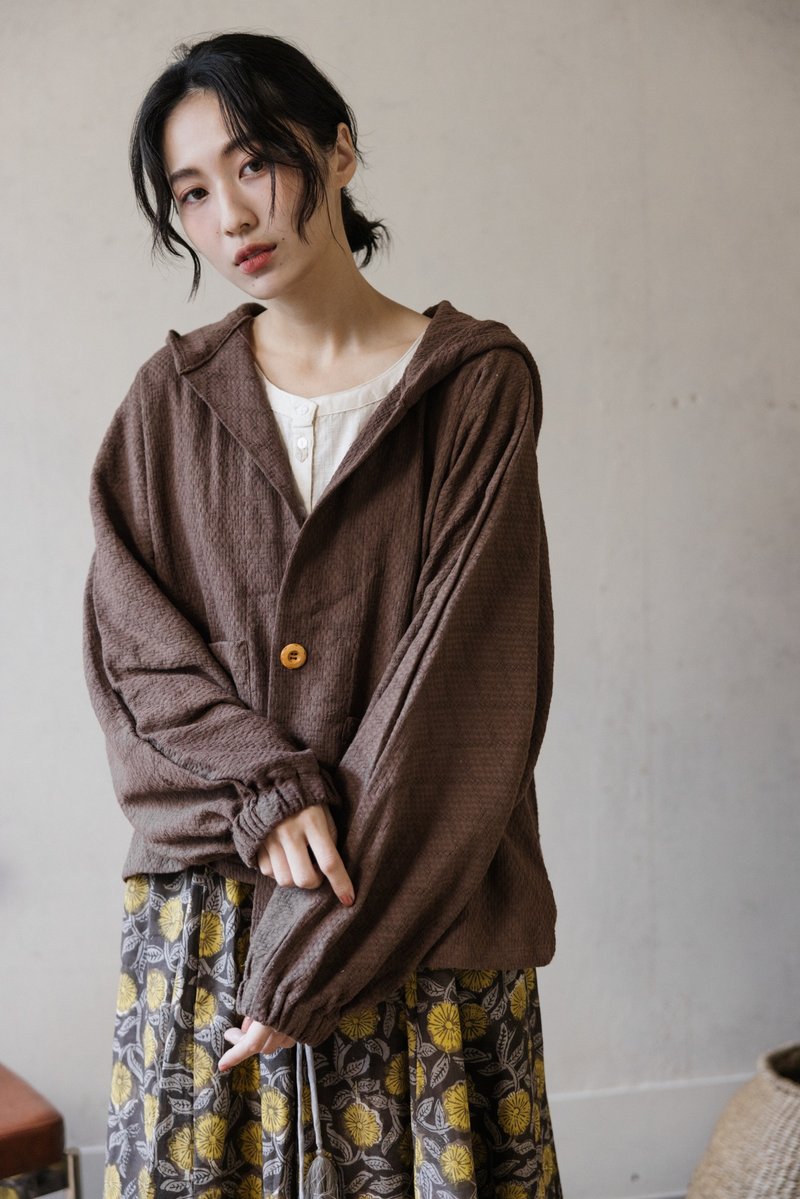 纯棉特殊织纹连帽口袋外套_褐 - 女装休闲/机能外套 - 棉 咖啡色