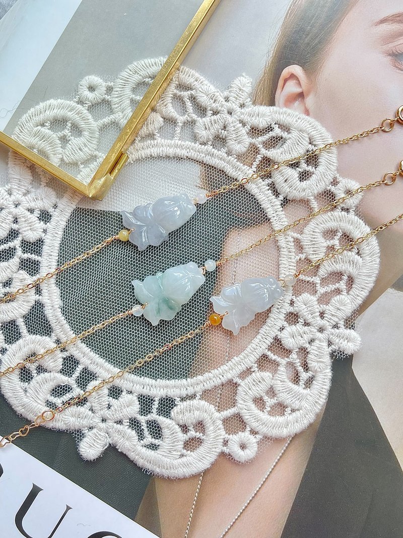 缅甸玉A货翡翠- 定制化 客订 冰飘花金鱼翡翠14K包金项链 - 手链/手环 - 玉石 绿色