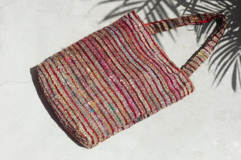 纱丽布条纹轻便包/纱丽线背包/侧背包/肩背包/散步包-星空感红黑 - 侧背包/斜挎包 - 棉．麻 红色