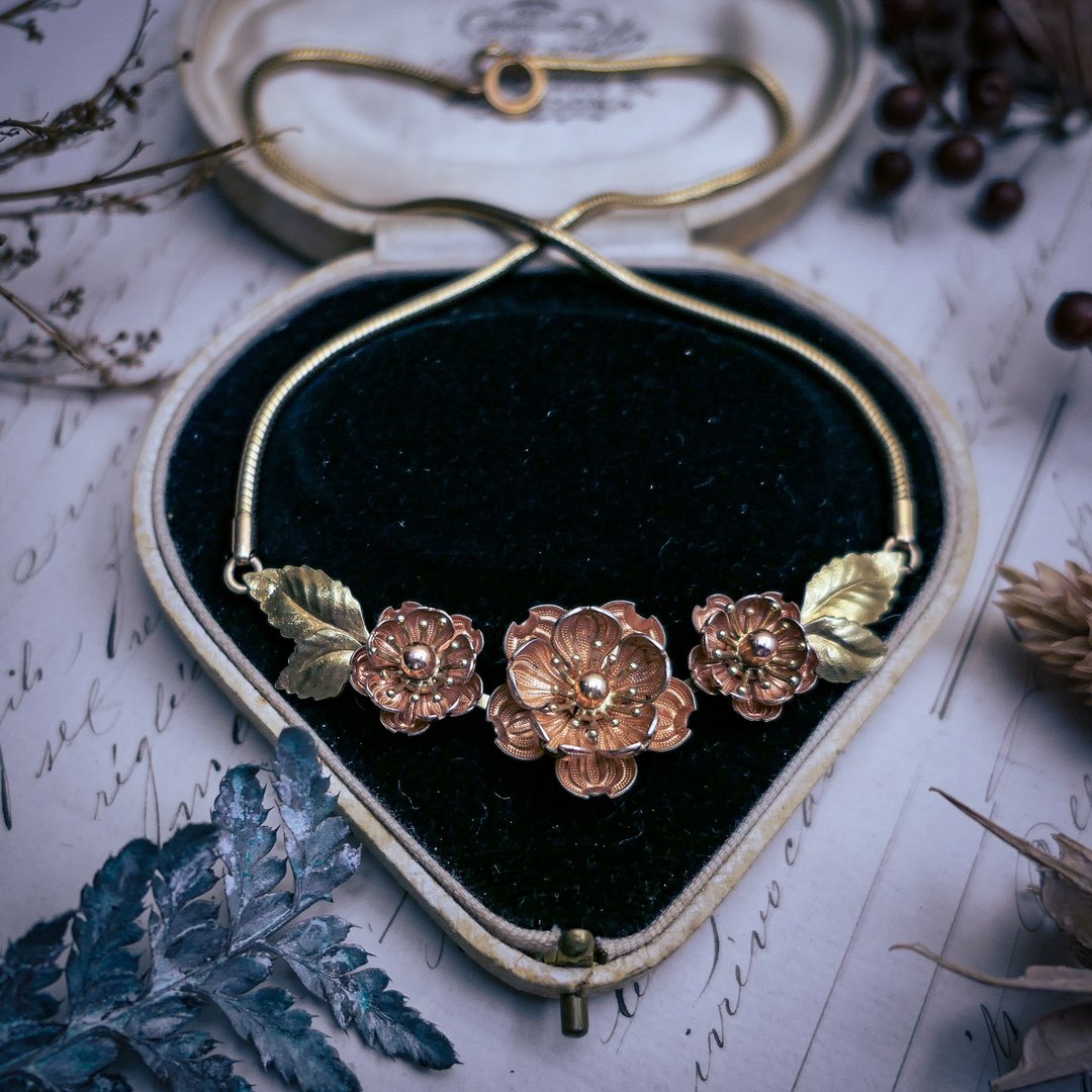 Krementz 大小双色野玫瑰项链－美国古董首饰 Vintage Jewelry - 项链 - 其他金属 金色