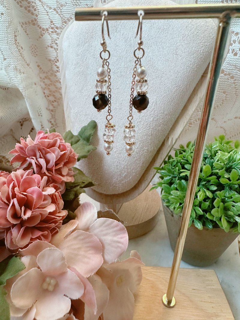 古典流金 l 虎眼石 白水晶 Swarovski 水晶珍珠 耳环 - 耳环/耳夹 - 水晶 咖啡色