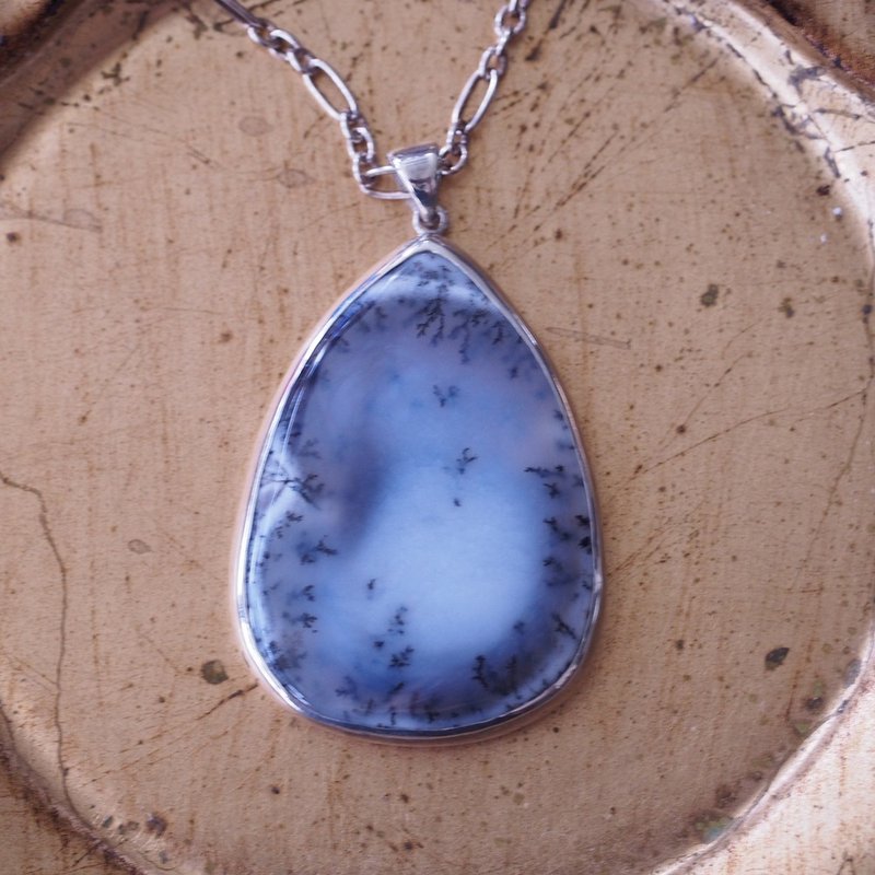 天然树枝蛋白 雪松石 大颗 Dendritic Opal 手工纯银项链 - 项链 - 半宝石 白色