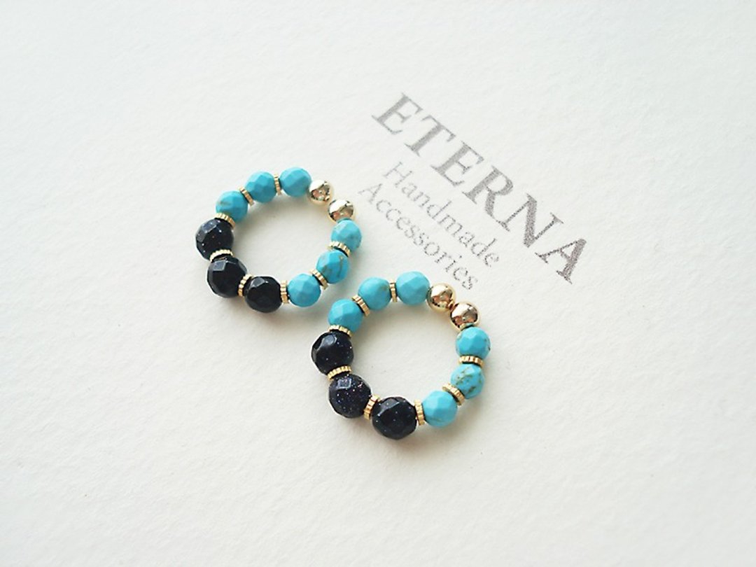 Blue Goldstone and Magnesite turquoise, tiny hoop earrings 夾式耳環 - 耳环/耳夹 - 石头 蓝色