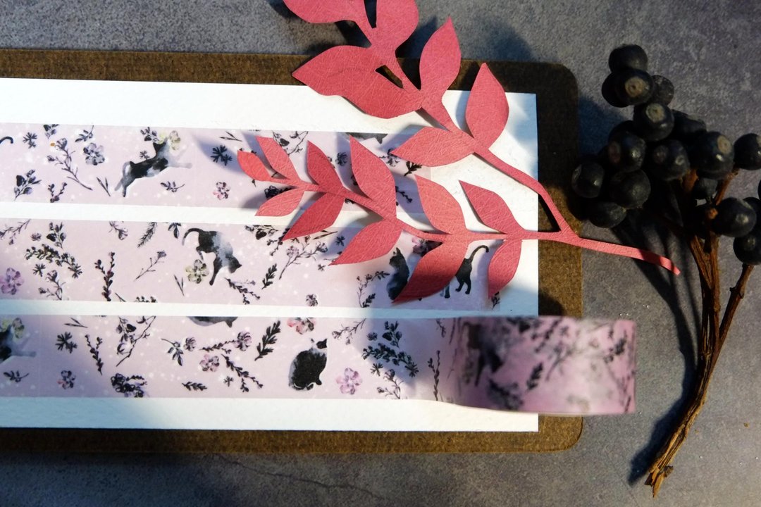 干燥玫瑰 复古 黑猫 日本和纸 宽版纸胶带 - 纸胶带 - 纸 多色