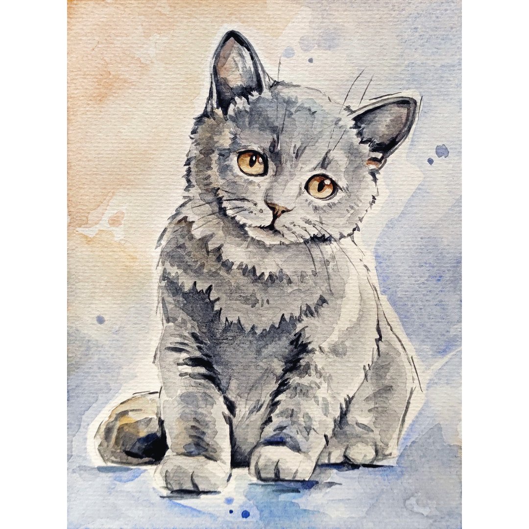 Kitty painting pet original art cute cat watercolor artwork animal cat wall art - 海报/装饰画/版画 - 纸 灰色