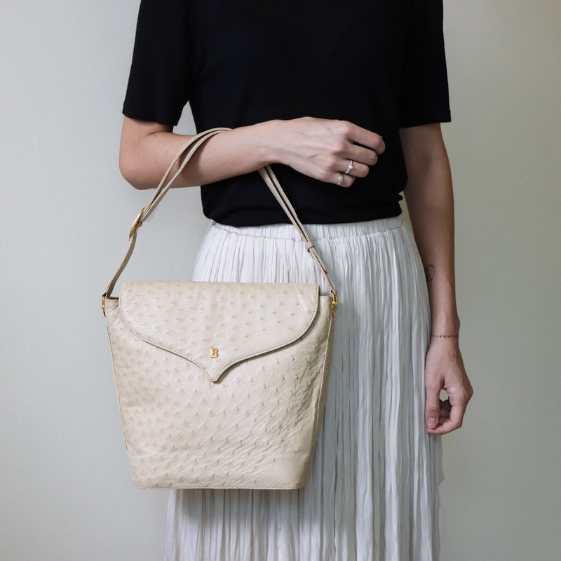 Vintage Bally 稀有米色鸵鸟皮革2way肩背包侧背包 - 侧背包/斜挎包 - 真皮 白色