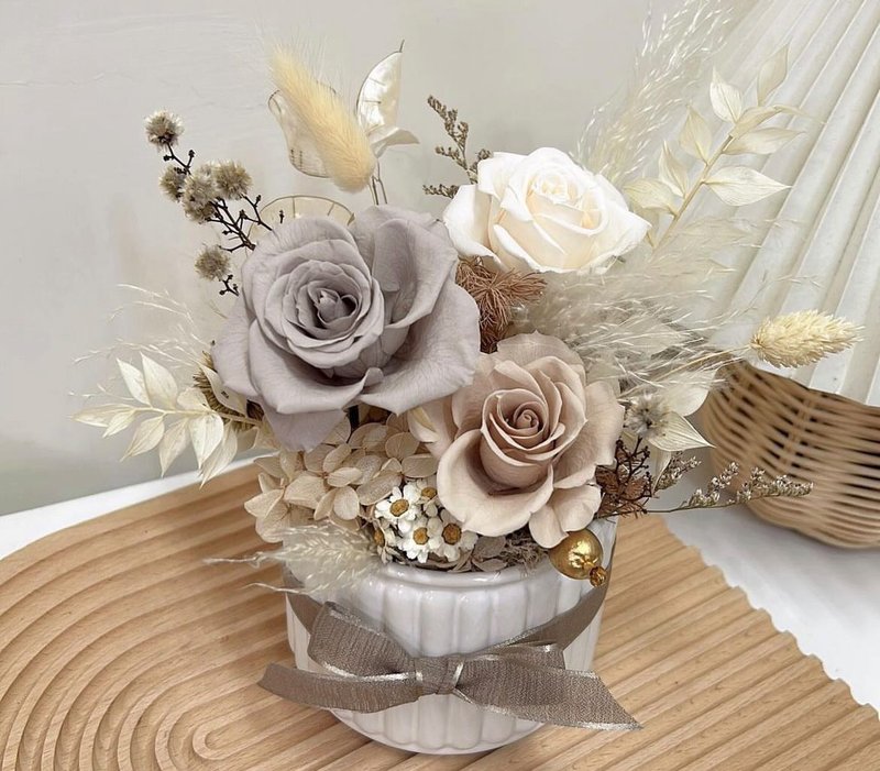 北欧浅灰奶茶盆花 开幕花礼  入厝花礼 附礼盒提袋卡片 - 干燥花/捧花 - 植物．花 卡其色
