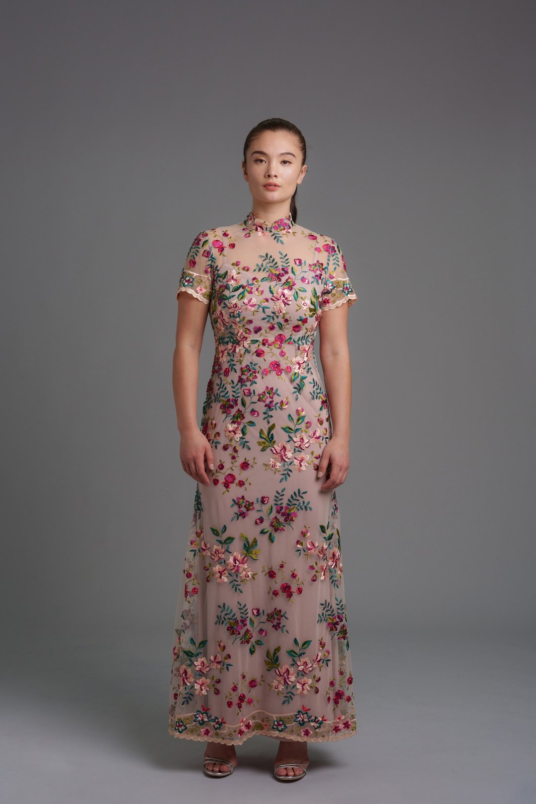 莲花短袖丝质旗袍长礼服 |晚装新娘礼服|香港设计|古典|气质|中西 - 旗袍 - 聚酯纤维 粉红色