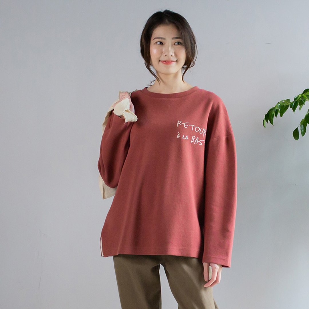 复古配色字母刺绣上衣 砖红 F - 女装衬衫 - 棉．麻 红色