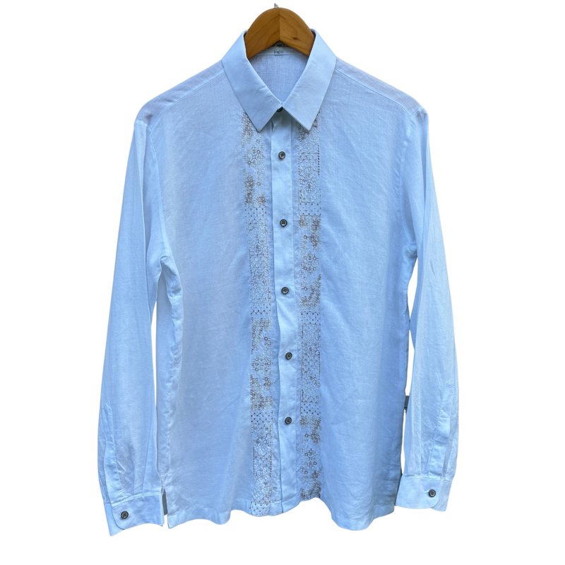 复古 Don Miguel 白色苎麻 Barong Tagalog 刺绣长袖衬衫 - 男装衬衫 - 棉．麻 白色