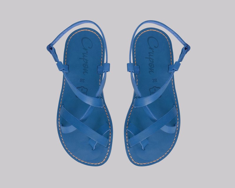 女士罗马凉鞋、希腊凉鞋、皮革凉鞋、蓝色罗马凉鞋、皮革平底鞋 - 男女凉鞋 - 真皮 蓝色