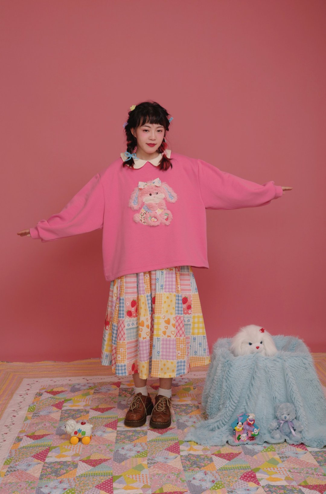 昭和少女感 毛绒小狗娃娃领 加绒粉色卫衣 - 女装上衣 - 其他材质 粉红色