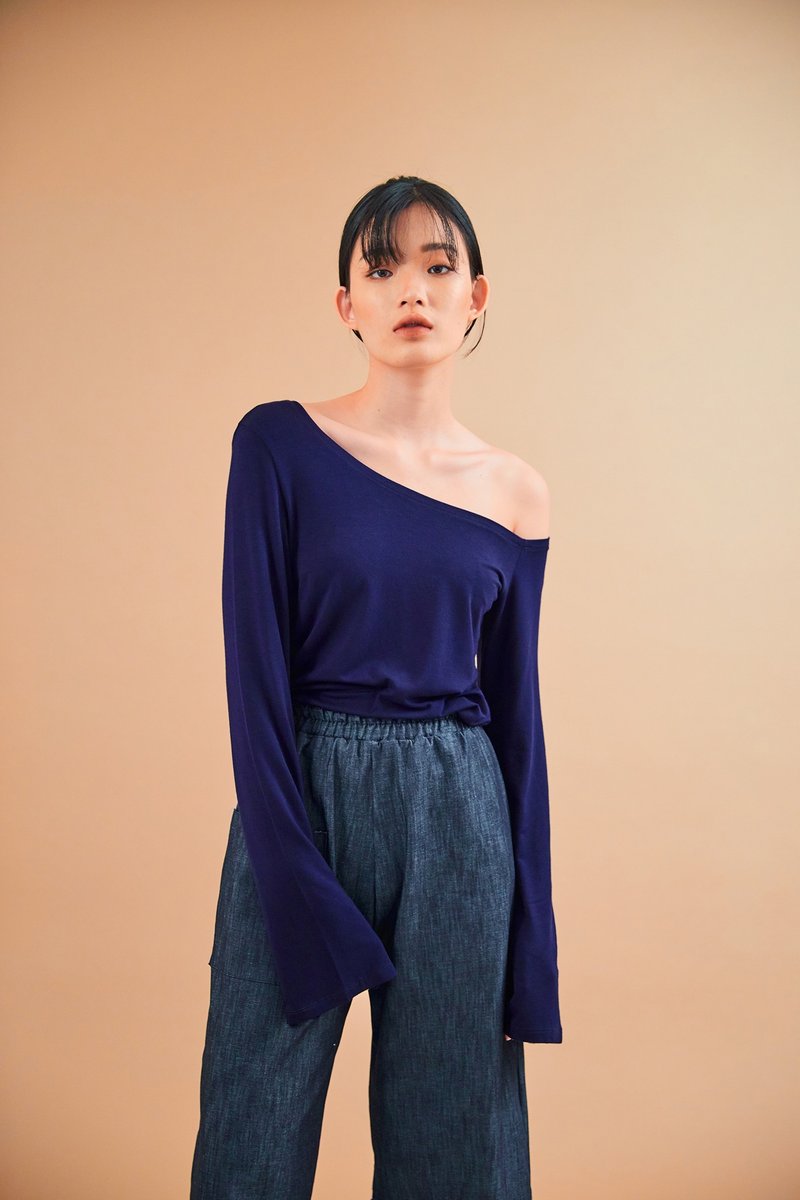 One shoulder top (navy) - 女装 T 恤 - 棉．麻 蓝色