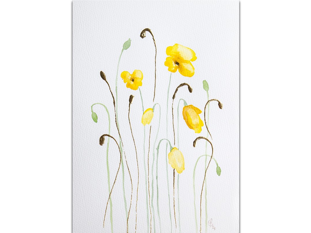 Poppy Painting Yellow Poppies Original Art Minimalist Watercolor Hand-Painted - 海报/装饰画/版画 - 纸 黄色