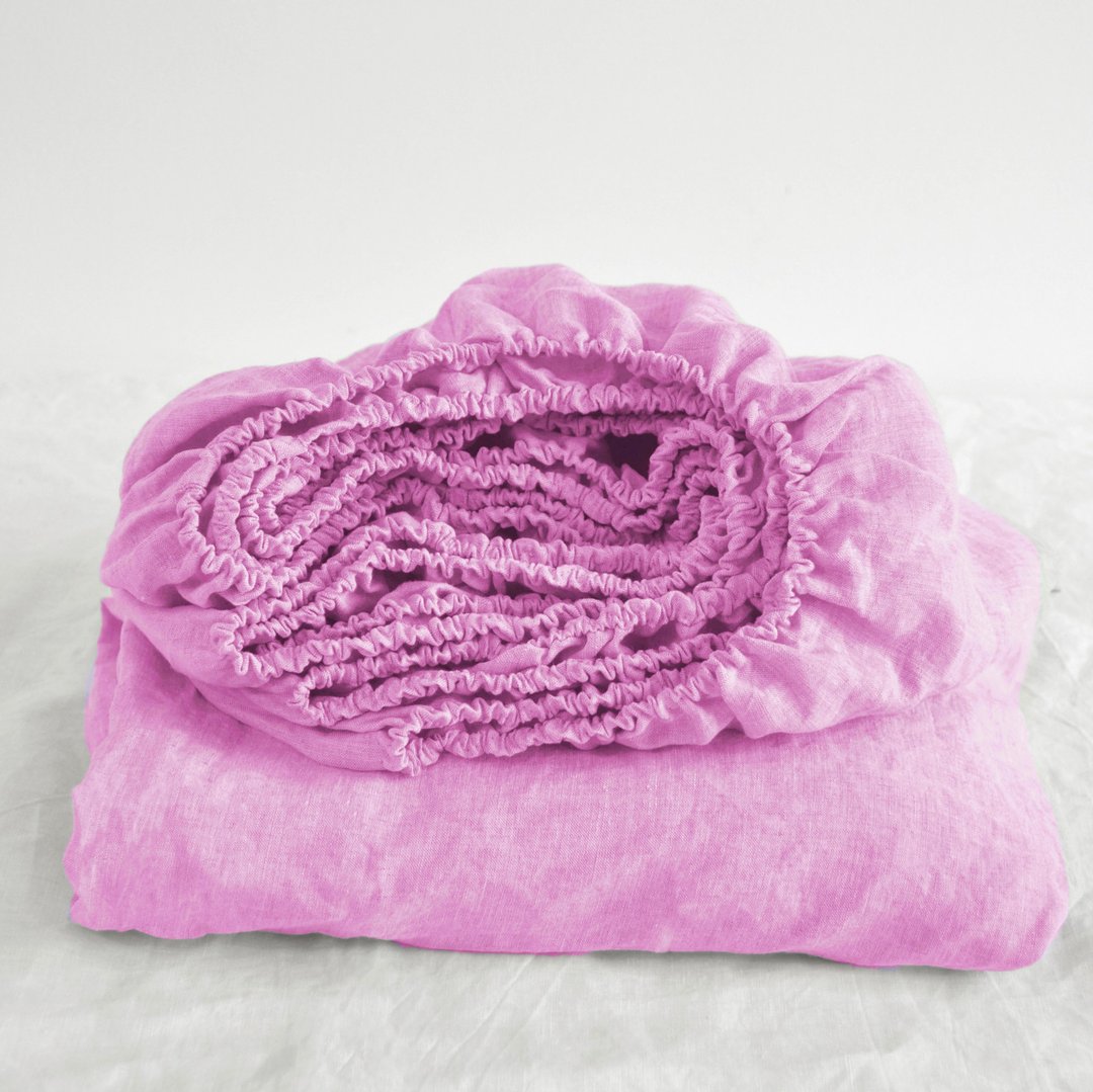 Bubble gum linen fitted sheet / Softened linen bed sheet / Deep pocket - 寝具 - 亚麻 粉红色