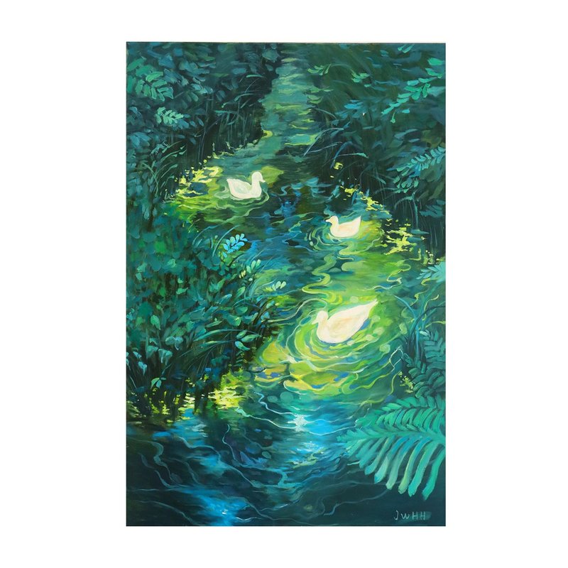 油画夜晚池塘的小鸭子  限量300艺术微喷  家居挂画  作者亲签 - 海报/装饰画/版画 - 亚麻 多色
