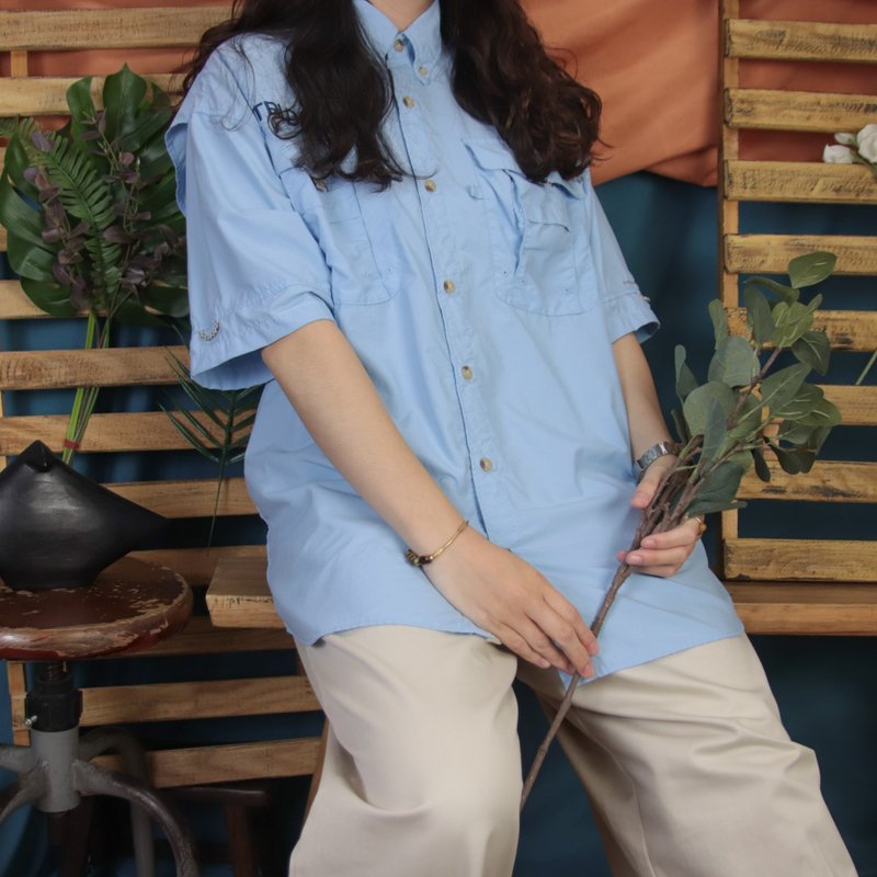 Columbia古着钓鱼衬衫A13 浅蓝色 刺绣  【Tsubasa.Y 古着屋】 - 女装衬衫 - 其他材质 蓝色