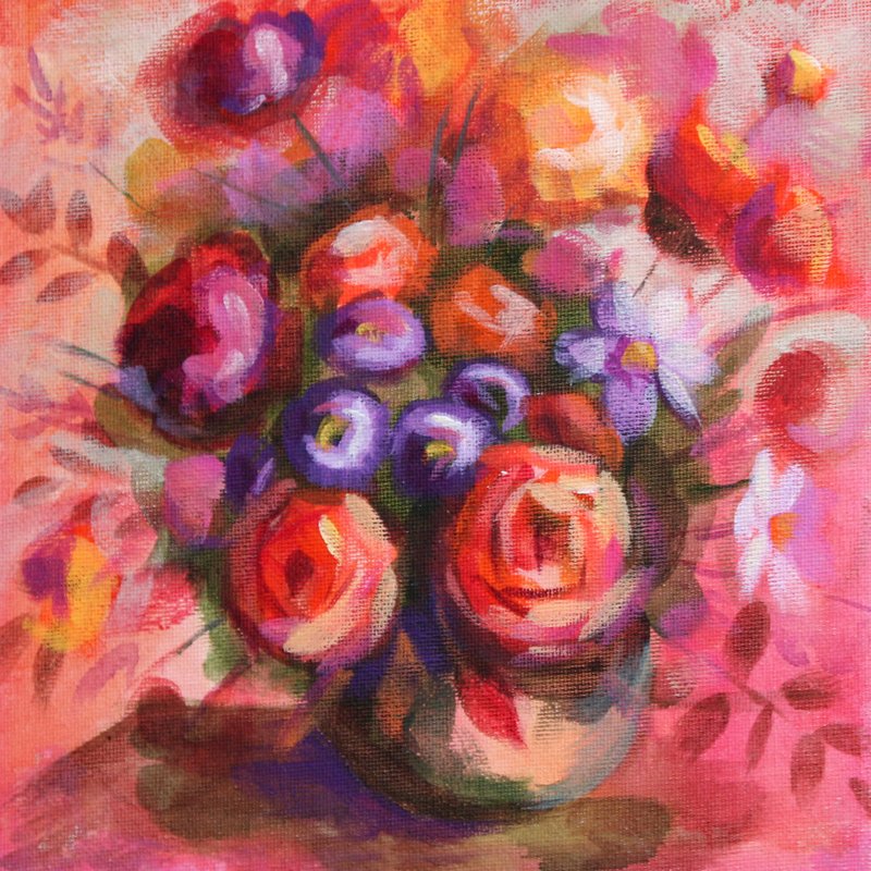 Roses Acrylic Painting Original art, Small Original Flower Painting on Canvas - 海报/装饰画/版画 - 棉 多色