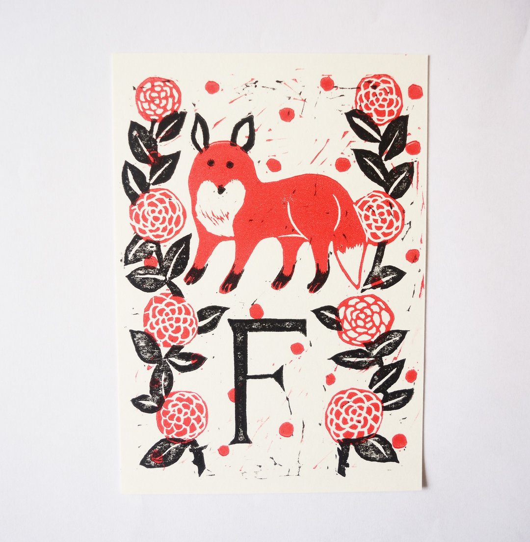 “F is for Fox”手工版印明信片-狐狸 （abc字母明信片） - 卡片/明信片 - 纸 红色