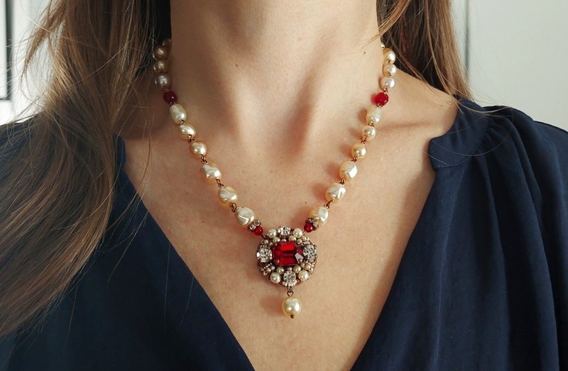 复古风格红钻项链 - 项链 - 玻璃 红色