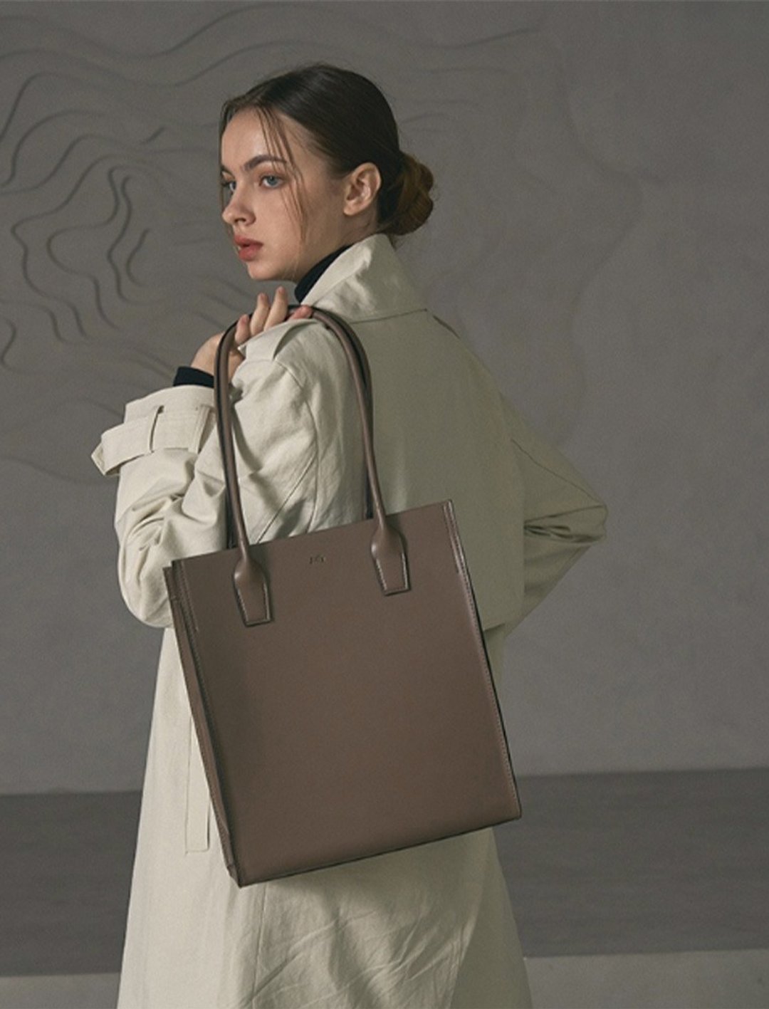韩国ROSA BAG | 灰褐色 | 大容量 手袋 单肩包 - 侧背包/斜挎包 - 人造皮革 咖啡色