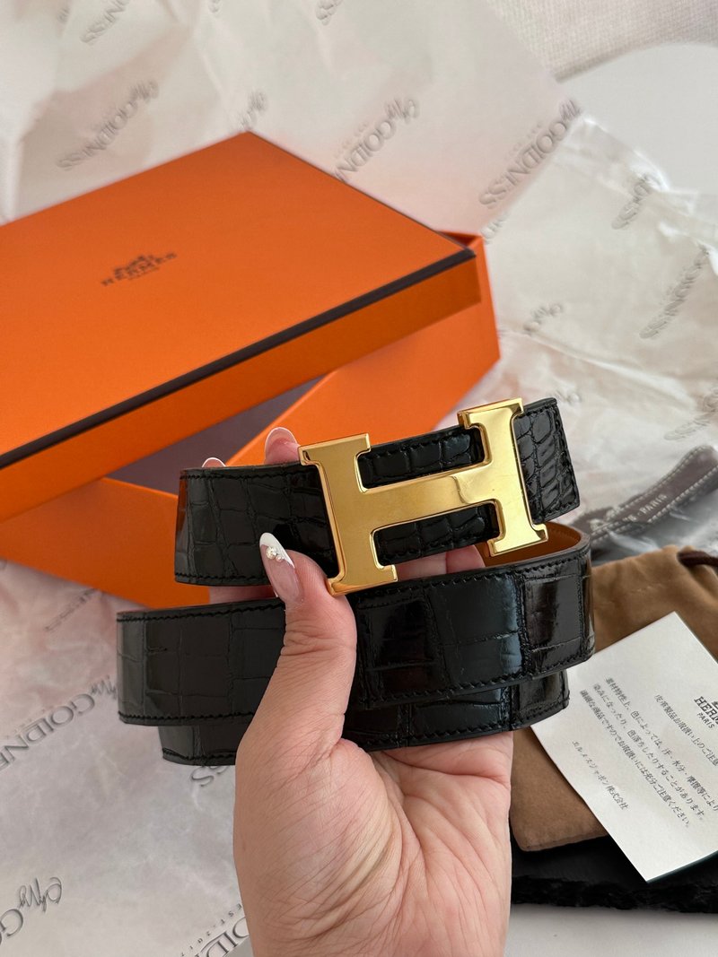 中古品 Hermes 爱马仕 金扣鳄鱼皮 Constance H 腰带 - 皮带/腰带 - 真皮 黑色