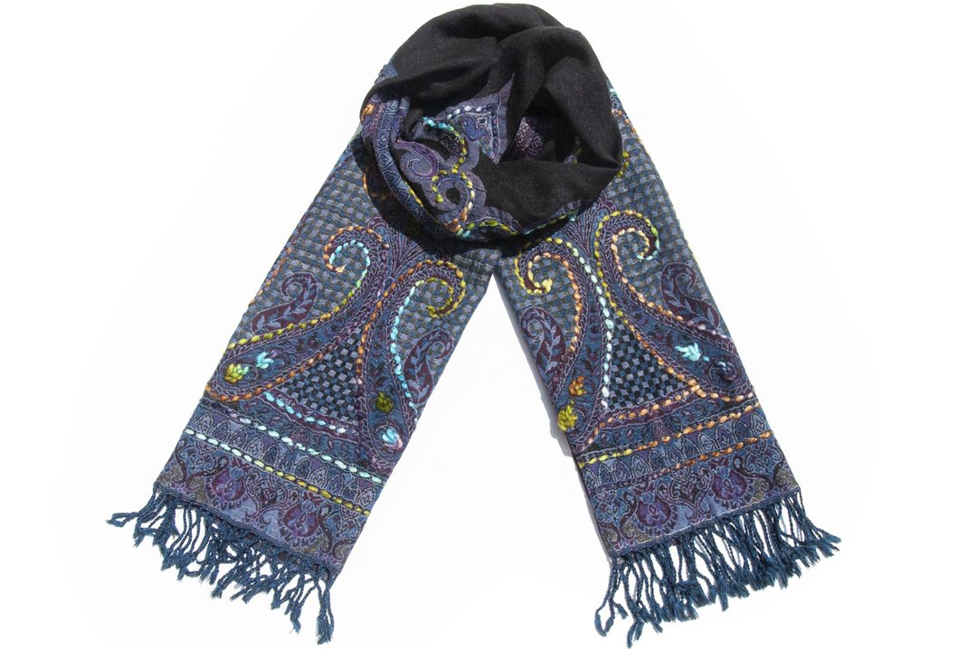 喀什米尔Cashmere/水煮羊毛披肩/针织围巾/刺绣围巾/羊绒披巾-花 - 围巾/披肩 - 羊毛 蓝色