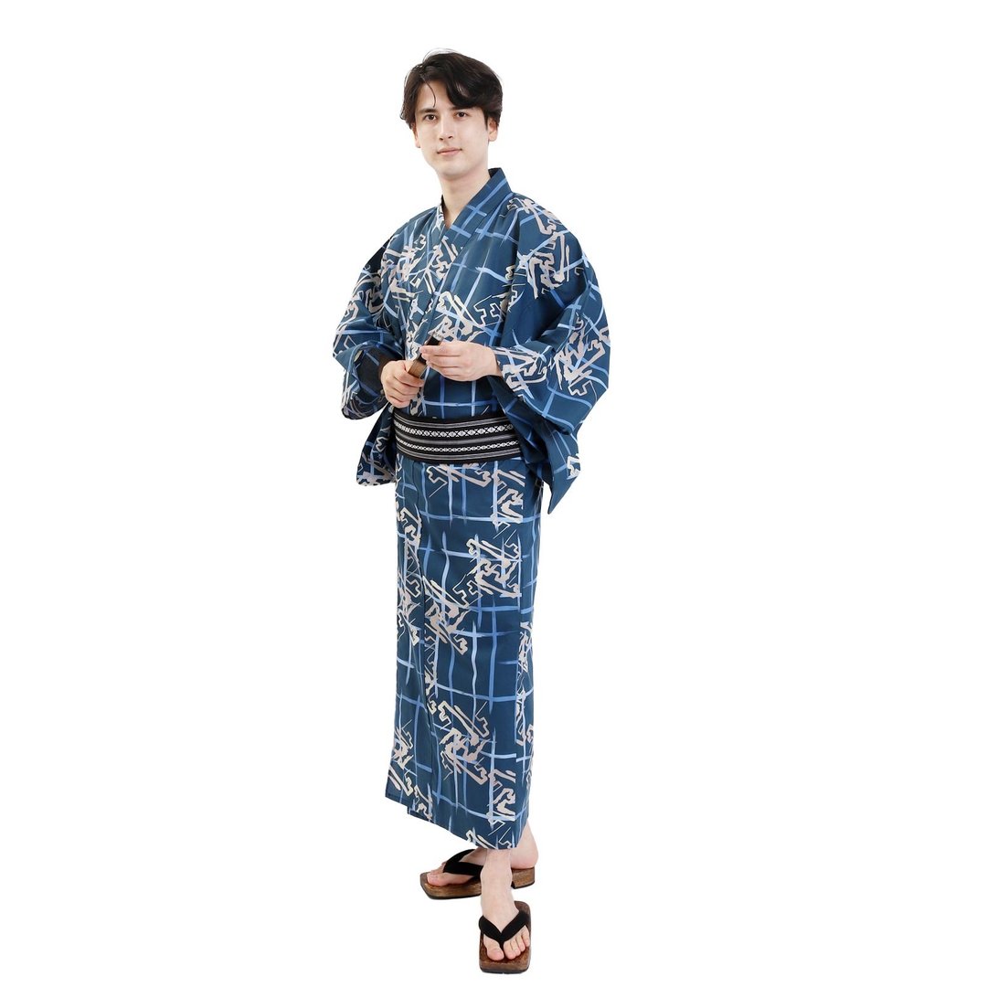 日本 和服 男士 绵 浴衣 腰封 2 件 套组  S M L Z32-04A - 其他 - 棉 蓝色