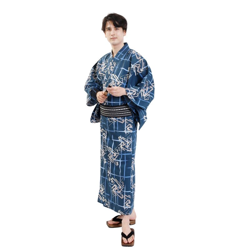 日本 和服 男士 绵 浴衣 腰封 2 件 套组  S M L Z32-04A - 其他 - 棉．麻 蓝色