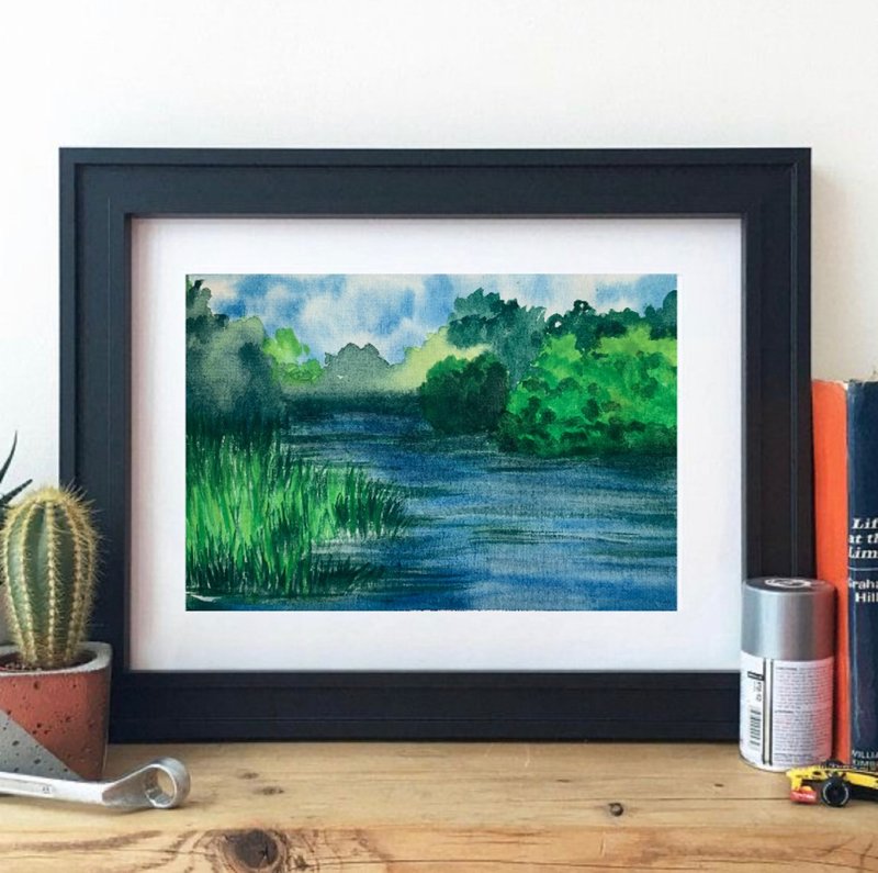 Original Watercolor Landscape Lake Painting Trees Landscape Grass Forest Artwork - 墙贴/壁贴 - 纸 多色
