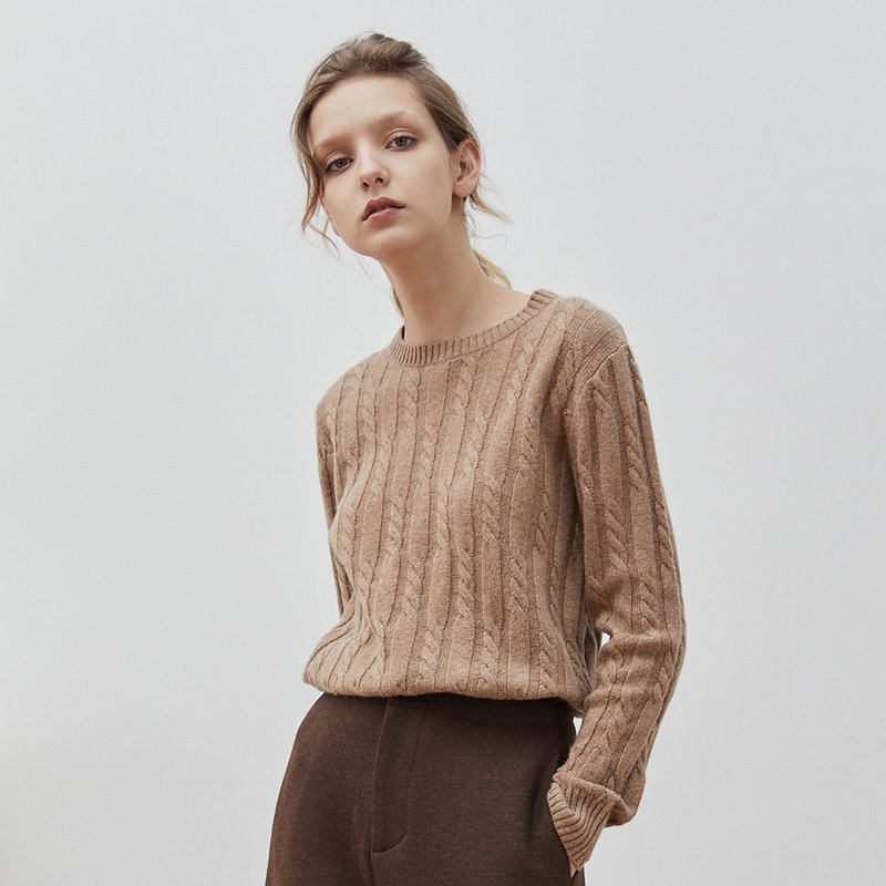 驼色 4色澳洲羊绒羊毛丝光圆领羊毛 复古绞花贴身穿着内搭针织衫 - 女装针织衫/毛衣 - 羊毛 卡其色