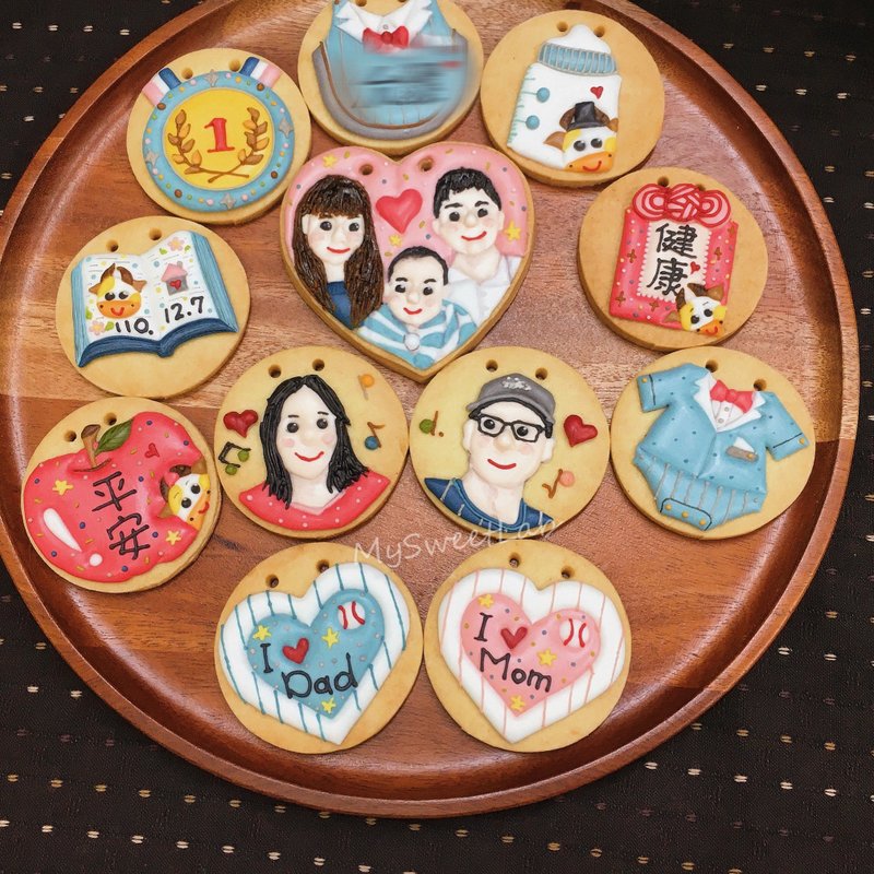 收涎饼干 - 爱心定制人像全家福+爷奶 蓝色 糖霜饼干12+1/组 - 手工饼干 - 新鲜食材 