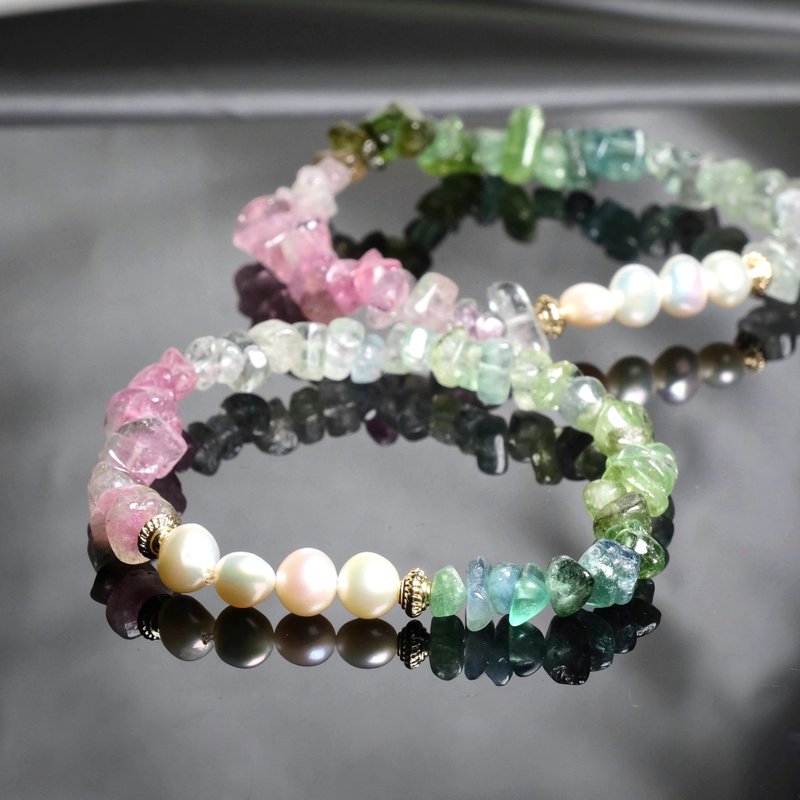 纤细优雅系列│随形马卡龙碧玺×淡水珍珠水晶手链 开运招好运 - 手链/手环 - 水晶 多色