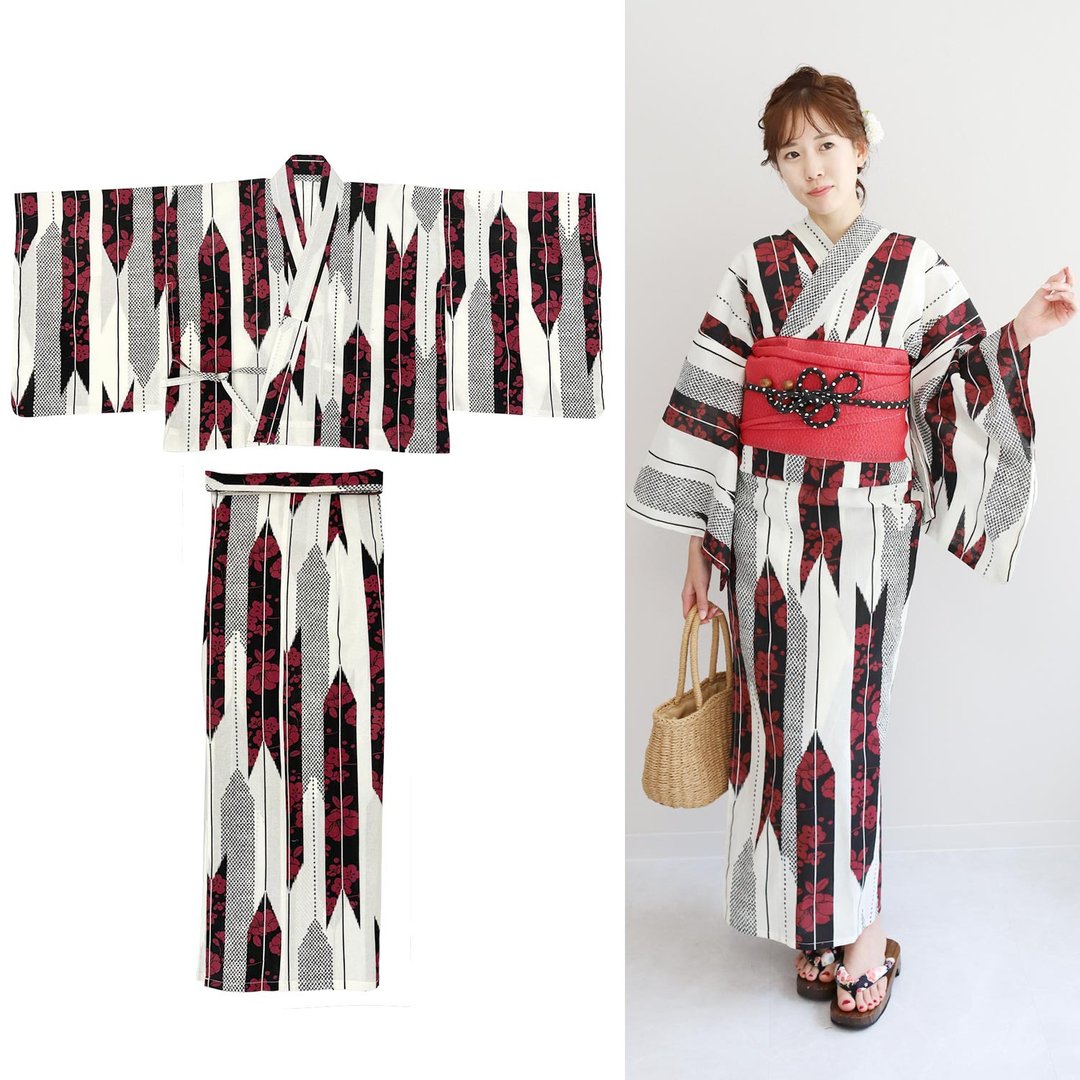 日本 和服 女性 两件式 浴衣 腰带 套组 F size x14p-06 - 其他 - 棉．麻 白色