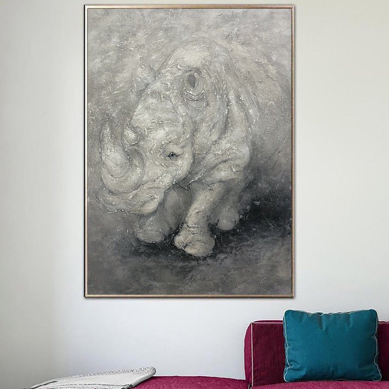 巨大的犀牛画动物墙灰色艺术大型原创压克力画 - 墙贴/壁贴 - 压克力 灰色
