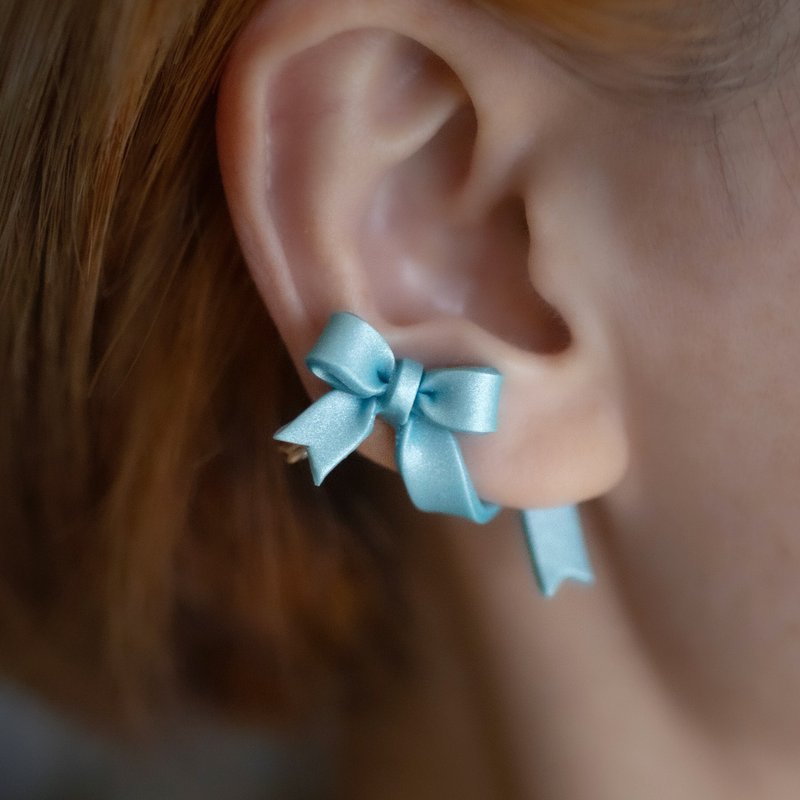 飘逸的蝴蝶结  / 耳骨夹组 / 水蓝色 - 耳环/耳夹 - 粘土 蓝色