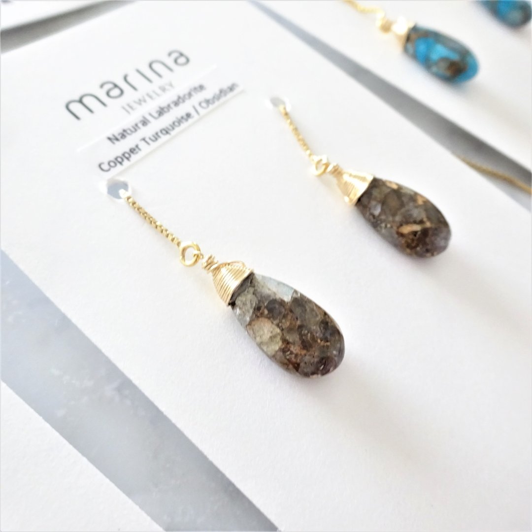 14kgf*Natural Labradorite Copper Turquoise Obsidian American pierced earring 耳針式 - 耳环/耳夹 - 宝石 灰色