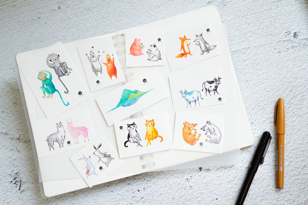 卡通动物森林插画纹身贴纸小朋友涂鸦刺青猫狗羊驼牛猪猴兔熊狐狸 - 纹身贴 - 纸 多色