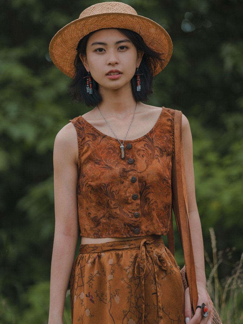 綻放 印花緞面真絲香雲紗背心胸衣 - 女装背心 - 丝．绢 咖啡色