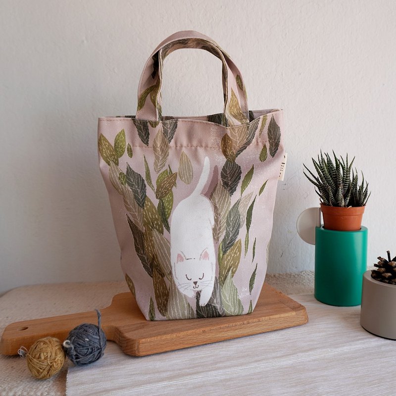 Lunch  bag with white cat - 手提包/手提袋 - 棉 卡其色