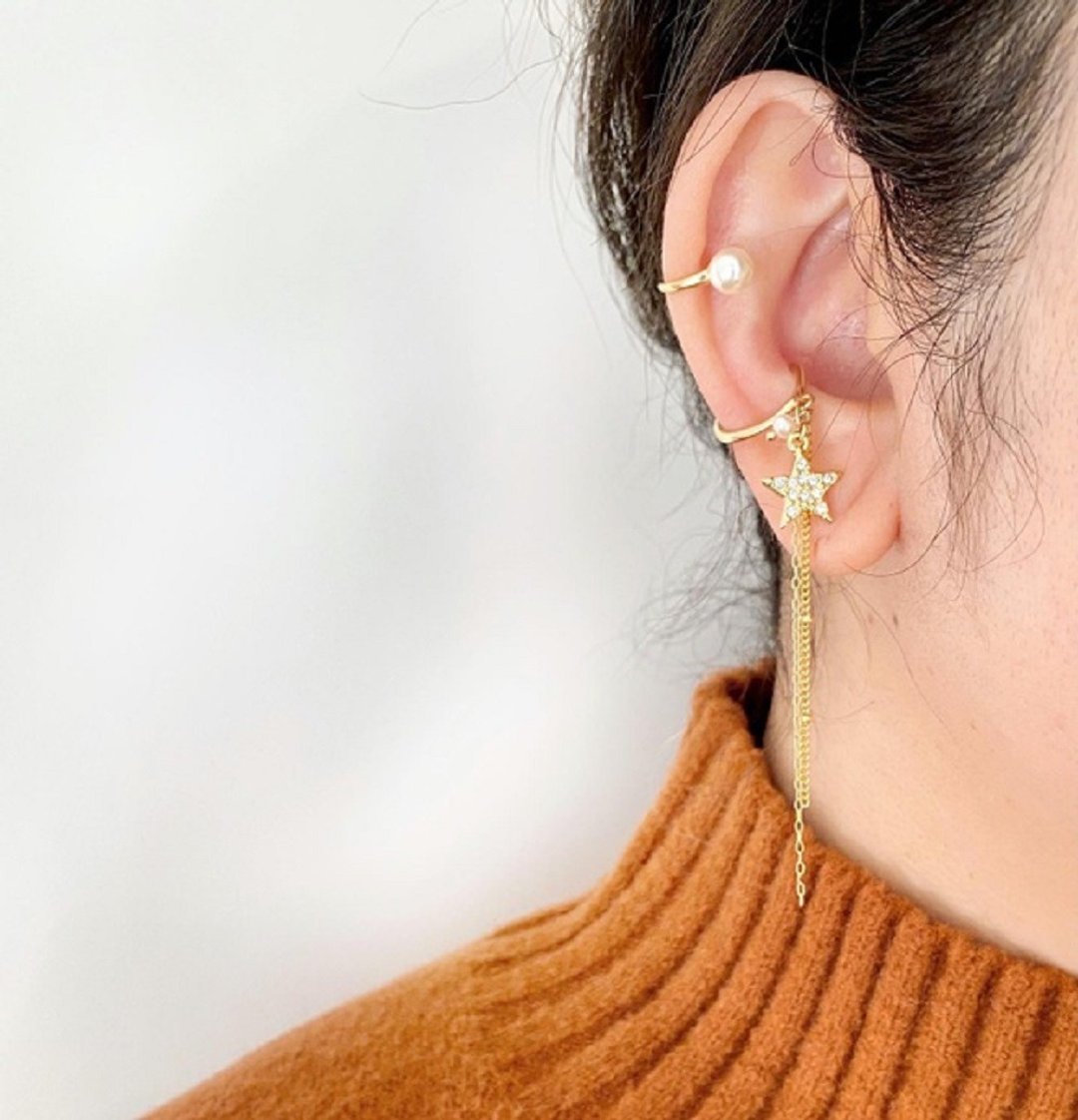 Set of 2, star chain and crystal pearl ear cuff set - 耳环/耳夹 - 其他金属 金色