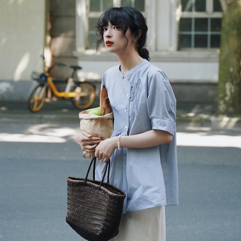 雾蓝色圆领短袖衬衫|衬衫|夏款|日本面料|Sora-753 - 女装衬衫 - 其他材质 蓝色