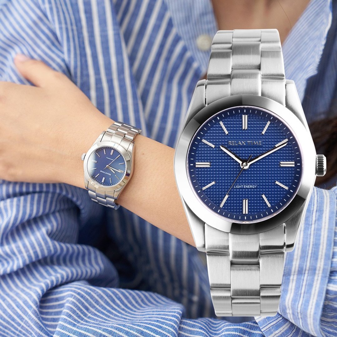 Relax time太阳能 经典立体格纹女表-蓝 (RT-105S-3L) 34mm - 女表 - 不锈钢 蓝色