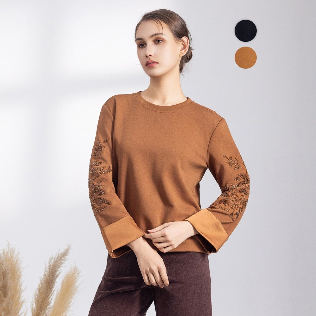 【MEDUSA】低调钉珠装饰微宽版T恤 - 2色(M-XL) | 女T恤 长袖上衣 - 女装上衣 - 棉 咖啡色
