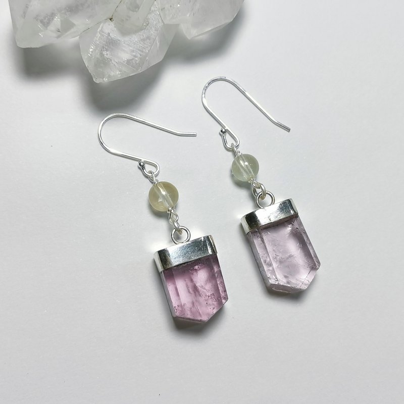 紫锂辉石/孔赛石+黄葡萄石珠/高透/手工制作/925/999 - 耳环/耳夹 - 宝石 粉红色